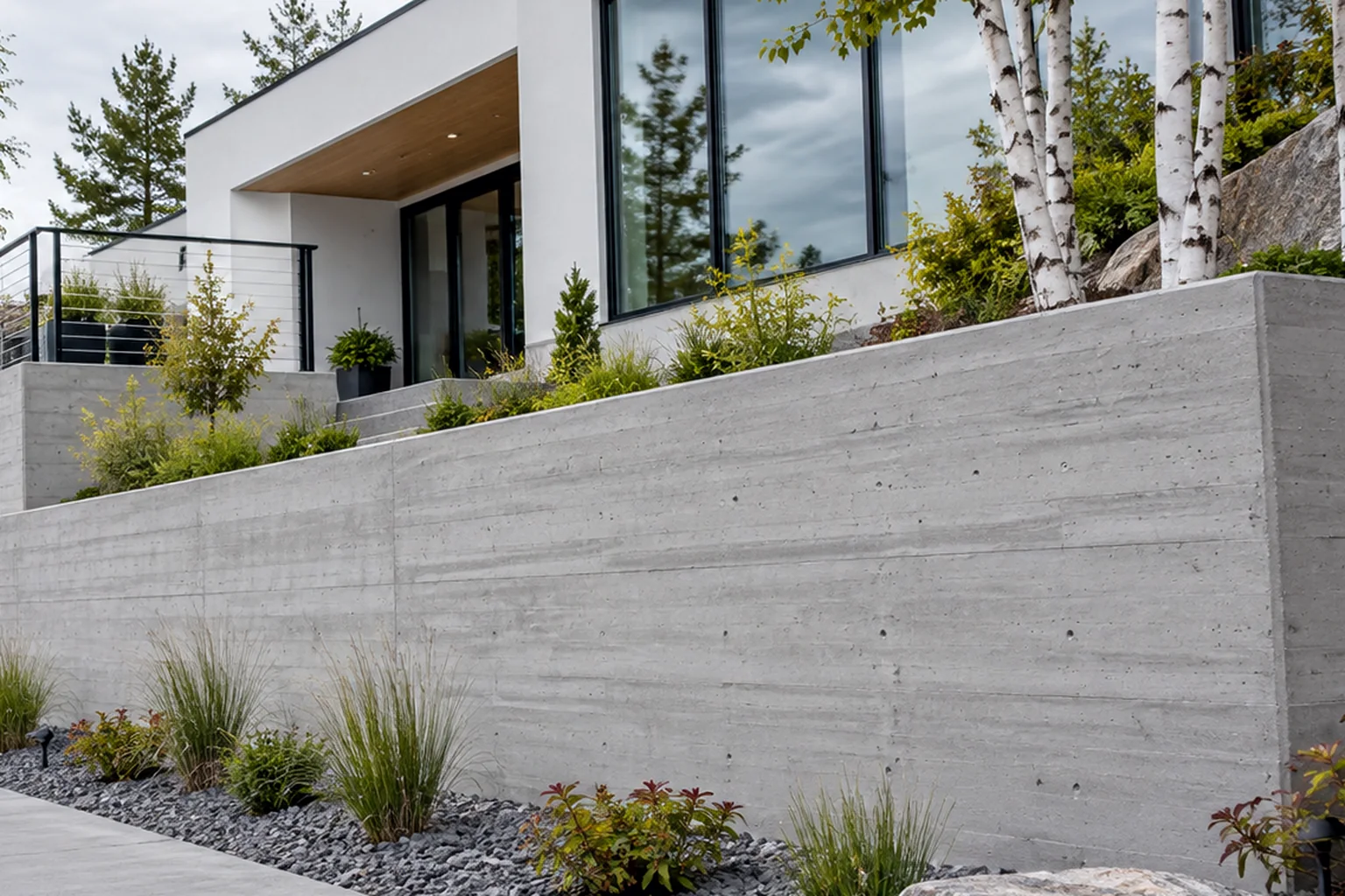 Board-formed poured concrete retaining wall along a walkway below a modern house