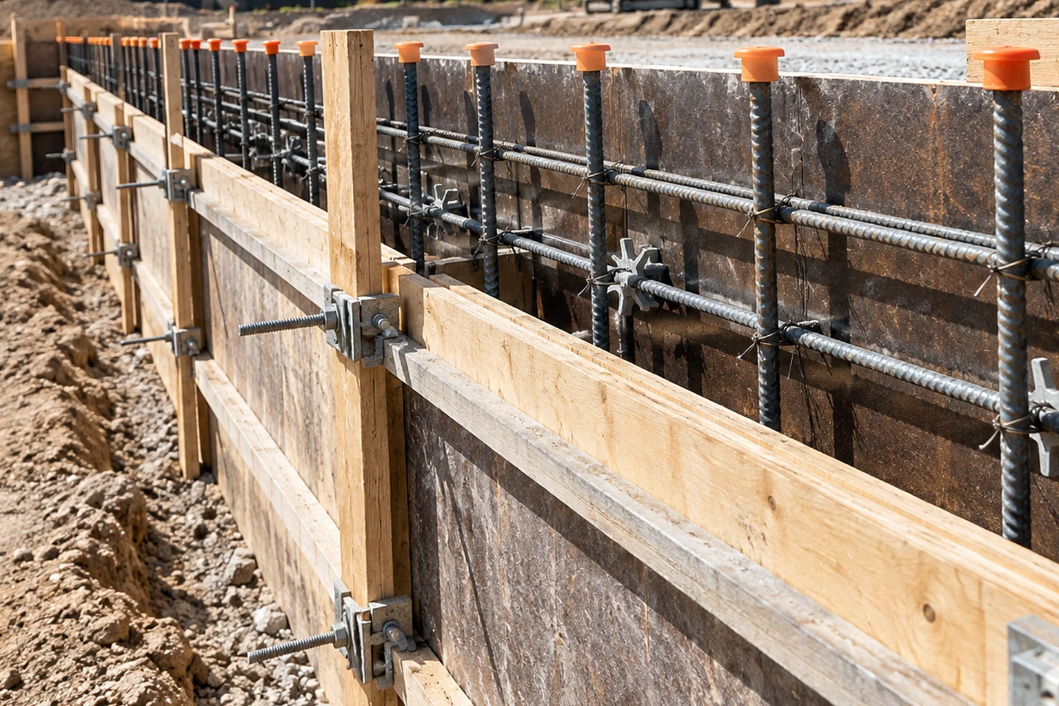 Wooden formwork and steel rebar set up for a cast-in-place concrete retaining wall