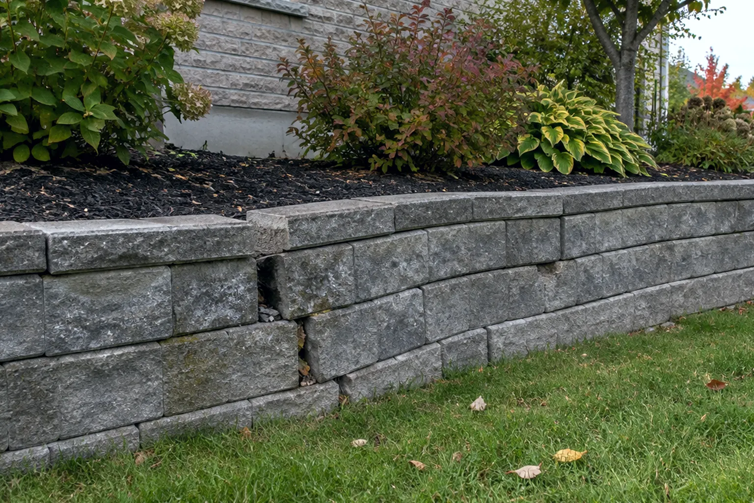 Old block retaining wall with a visible crack and shifted courses along a lawn