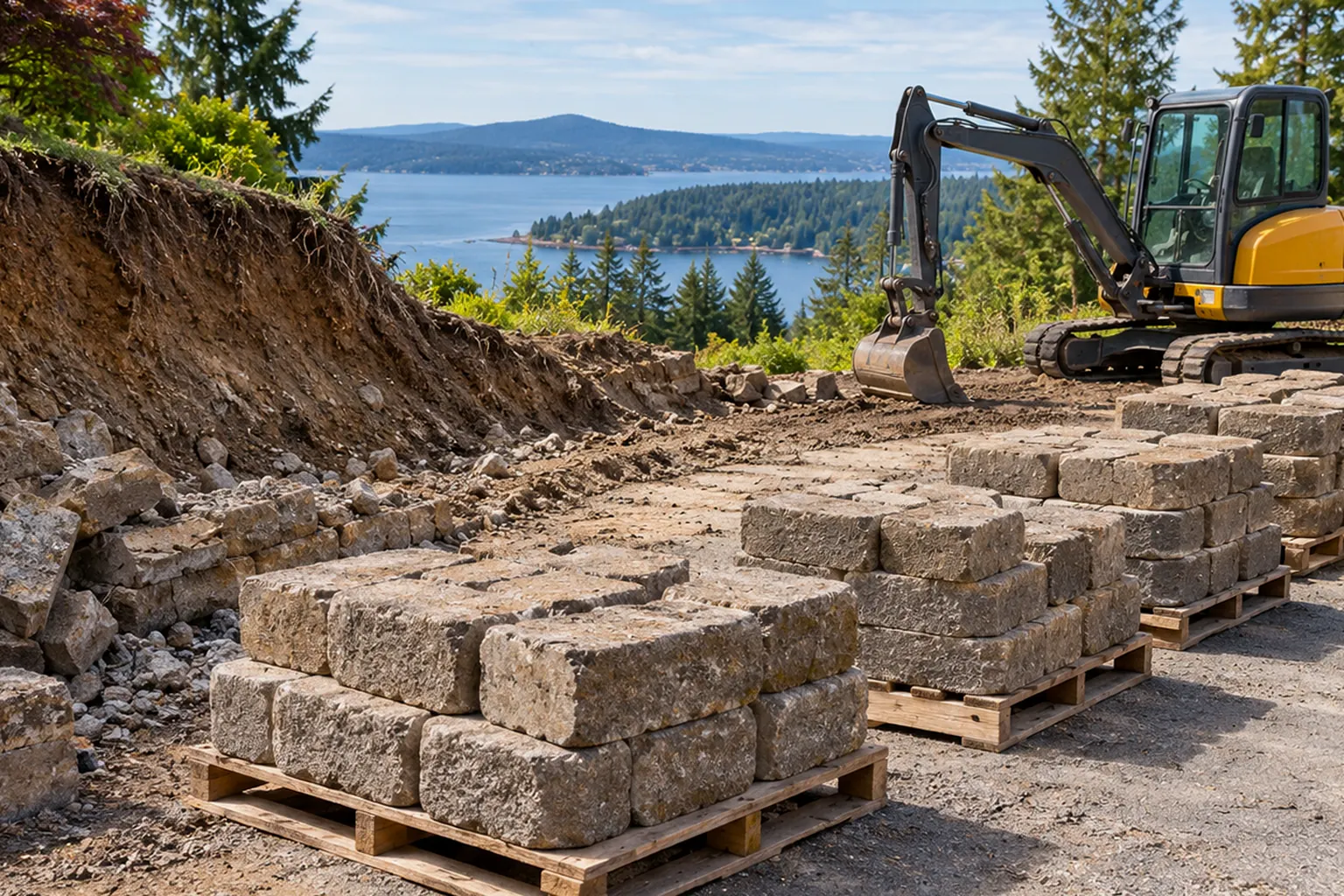 Failed hillside wall dug out for rebuilding, with new wall blocks on pallets and an excavator