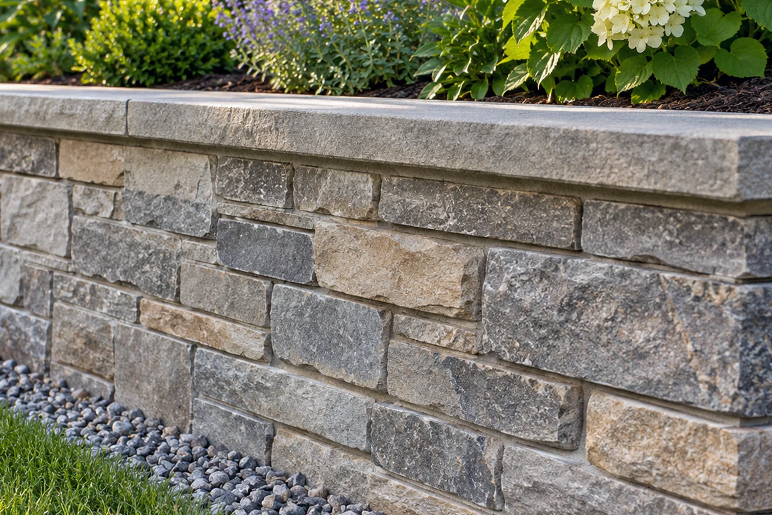 Close view of a ledgestone garden wall with a flat cap and flowering perennials above