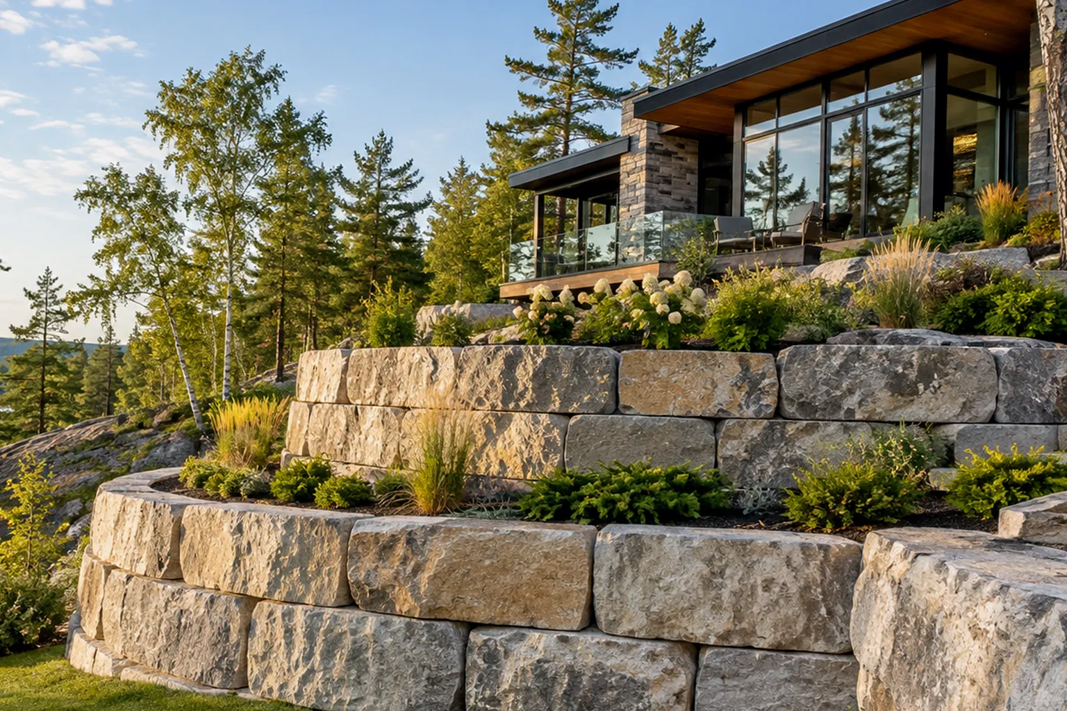 Multi-level stone terraces with planted beds stepping down a rocky hillside