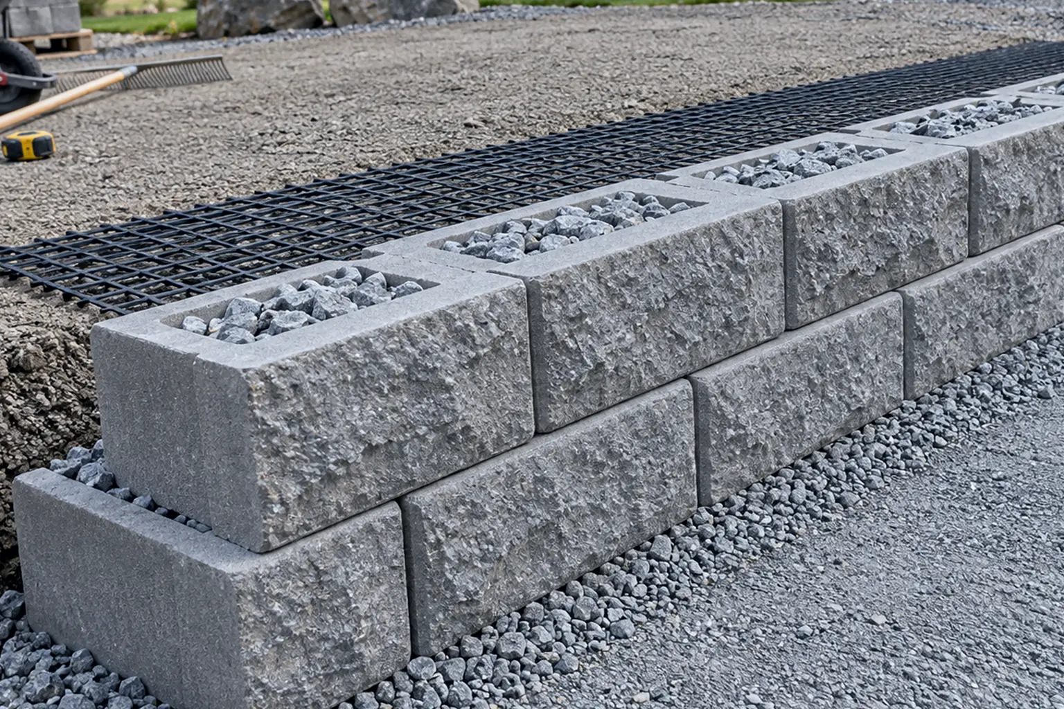 Segmental concrete block wall under construction with clean gravel backfill and geogrid behind the courses