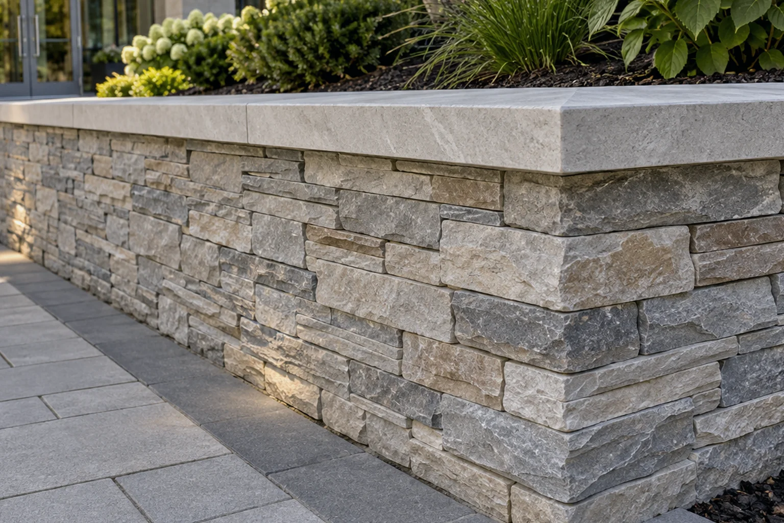 Stacked natural stone veneer retaining wall with a smooth stone cap beside a paved terrace
