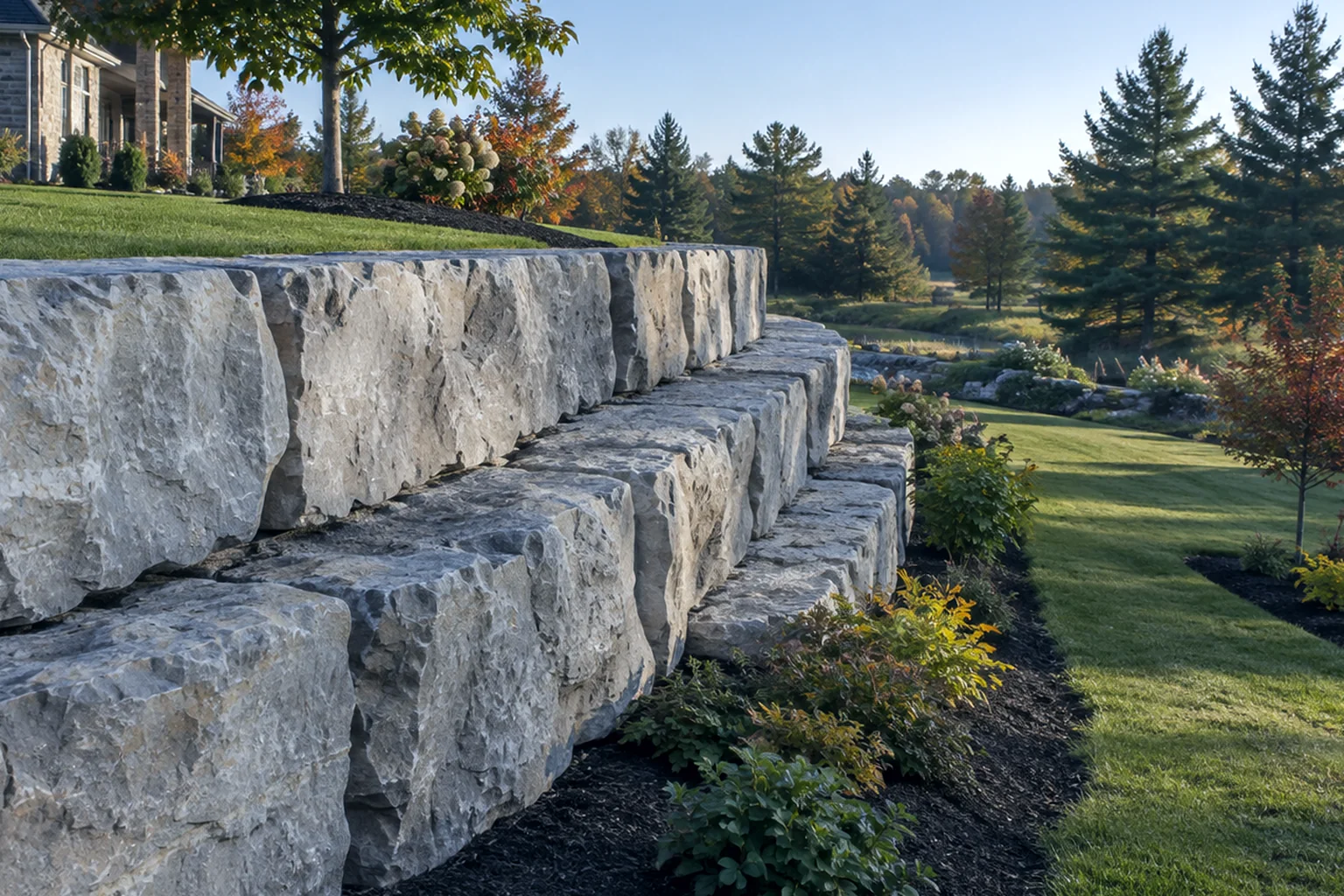Tall stepped armour stone retaining wall holding a grassy slope beside a garden bed